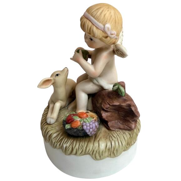 Enesco MUSIC BOX Talk To The Animals Cherub Angel Deer Fruit Basket Ceramic 1984 - Picture 4 of 9